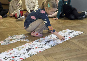 Zdjęcie przedstawia dziewczynkę układającą postać psa na materiale.