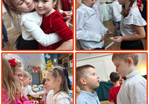 Dzieci składają sobie życzenia i dzielą się opłatkiem