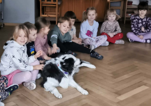 Na zdjęciu widzimy Lily, która leży przed grupką dzieci. Dzieci ją głaszczą.