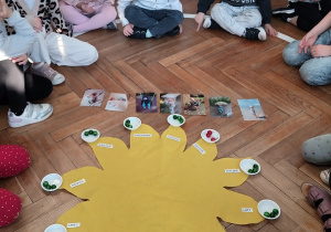 Dzieci siedzą w kręgu dookoła słoneczka urodzinowego.