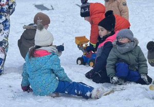 Zdjęcie przedstawia dzieci bawiące się na śniegu.