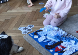 Dzieci chowają smaczki w macie węchowej a pies czeka