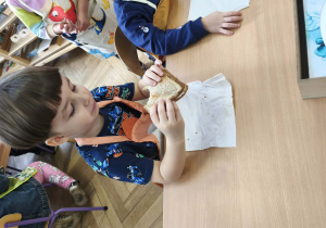 Na zdjęciu widzimy chłopca, który zjada tosta.