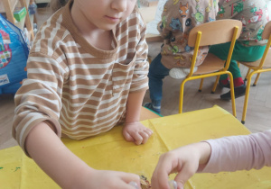 dzieci które za pomocą pipet uzupełniają wieczko wodą