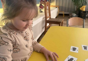 Zdjęcie przedstawia dziewczynkę dobierającą obrazek z bałwankiem do jego cienia.