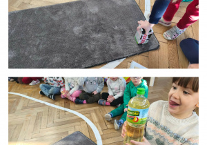 Na zdjęciach widzimy dzieci, które wyjmują na dywanki produkty potrzebne do wykonania naleśników.