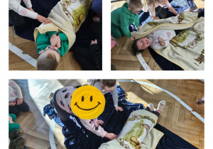 Na zdjęciach widzimy dzieci birące udział w zabawie "Zwijamy naleśnika".