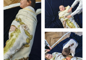 Na zdjęciach widzimy dzieci birące udział w zabawie "Zwijamy naleśnika".