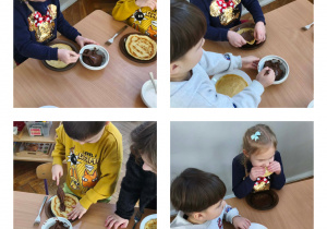 Na zdjęciach widzimy dzieci, które komponują własne naleśniki, z wykorzystaniem słodkich składników i degustują.