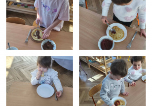 Na zdjęciach widzimy dzieci, które komponują własne naleśniki, z wykorzystaniem słodkich składników i degustują.
