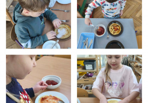 Na zdjęciach widzimy dzieci, które komponują własne naleśniki, z wykorzystaniem słodkich składników i degustują.