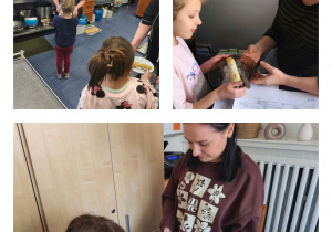 Na zdjęciach widzimy dzieci, które przygotowały Pani Dyrektor, Pani Ewie i Paniom z kuchni przepyszne naleśniki. Dzieci wręczają paniom naleśniki do degustacji.