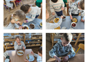 Na zdjęciach widzimy dzieci, które komponują własne naleśniki, z wykorzystaniem słodkich składników i degustują.