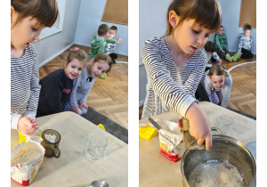 Na zdjęciach widzimy dziewczynkę, która odmierza za pomocą szklanki mąkę na naleśniki.