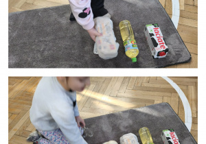 Na zdjęciach widzimy dzieci, które wyjmują na dywanki produkty potrzebne do wykonania naleśników.