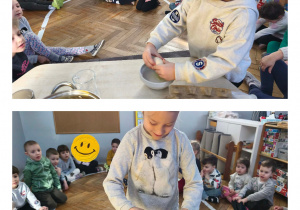 Na zdjęciach widzimy jak dzieci wbijają jajka do miseczki i następnie przelewają jajka do garnka z ciastem na naleśniki.