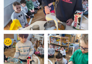 Na zdjęciach widzimy jak dzieci przygotowują odpowiednie składniki do ciasta na naleśniki.