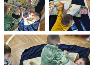 Na zdjęciach widzimy dzieci birące udział w zabawie "Zwijamy naleśnika".