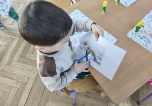 Na zdjęciu widzimy chlopca, który wycina puzzle z niedźwiedziem polarnym.