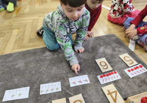 Na zdjęciu widzimy chłopca, który przelicza ptaki na ilustracji.