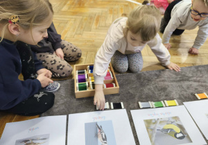 Na zdjęciu widzimy dziewczynkę, która przyporządkowuje tabliczki kolorystyczne do ilustracji przedstawiającej dzięcioła. .