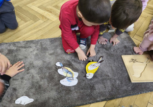 Na ilustracji widzimy chłopca, który z puzzli botanicznych układa nogi.