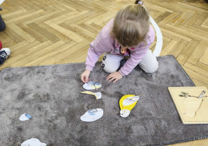 Na ilustracji widzimy dziewczynkę, która dopasowuje ilustrację skrzydeł ptaka do puzzli botanicznych.