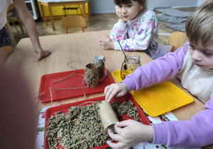 Na zdjęciu widzimy dziewycznkę, która obtacza rolkę po papierze toaletowym w ziarenkach dla ptaków.