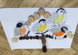 Na zdjęciu widzimy pracę plastyczną dzieci. Praca ta to karmnik dla ptaków oraz 4 ptaki - 2 sikorki i 2 gile.