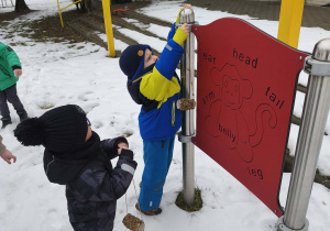 Na zdjęciu widzimy chłopca, który zawiesza na pomocy w ogrodzie karmnik zrobiony przez dzieci.
