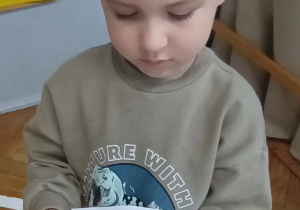 Chłopiec pokazuje ilustracje z kodeksu bezpiecznego korzystania z Internetu.