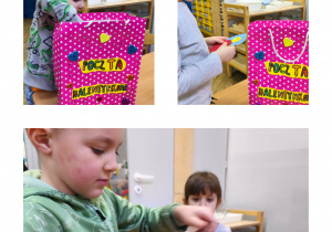 Na zdjęciach widzimy dzieci, które wkładają wykonane Walentynki do torby z napisem "Poczta Walentynkowa".