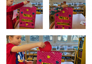 Na zdjęciach widzimy dzieci, które wkładają wykonane Walentynki do torby z napisem "Poczta Walentynkowa".