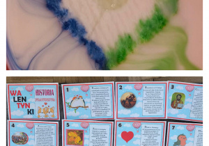 Na zdjęciach widzimy - u góry serce w kolorze zielono-niebieskim, na dole historię Walentynek.