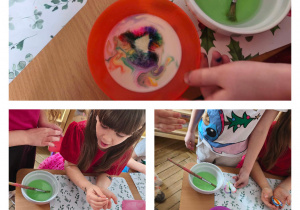 Na zdjęciach widzimy doświadczenie "Kolorowe wybuchy na mleku".