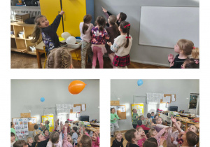 Na zdjęciach widzimu grupkę dzieci, które podrzucają balon. Ich zadaniem było jaknajdłużej trzymać balon w powietrzu.