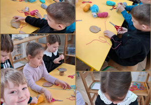 dzieci przeplatają włóczkę na papierowym balonie