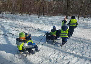 dzieci ciągnące się na sankach