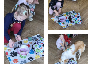 Na zdjęciach widzimy dziewczynki, które nalewają pieskom wodę oraz Bibi, która pije nalaną wodę.