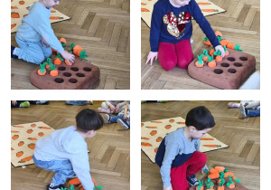 Na zdjęciach widzimy dzieci, które wkładają na matę materiałowe marchewki.