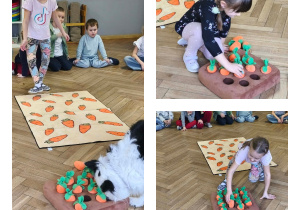 Na zdjęciach widzimy dziewczynki, które przechodzą po macie z marchewkami oraz zakrywają puste miejsca na macie materiałową marchewką.