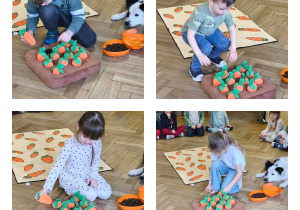 Na zdjęciu widzimy dzieci, które chowają pod materiałowymi marchewkami smakołyki dla piesków.