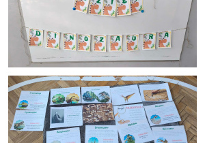 Na zdjęciach widzimy napis "Dzień Dinozaura" oraz ilustracje przedstawiające różne dinozaury, wiadomości na temat powstania dinozaurów i pracy paleotnologa.