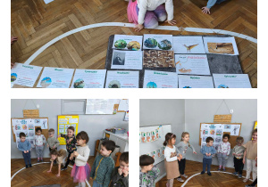 Na zdjęciu u góry widzimy dziewczynkę, która pozuje do zdjęcia przy ilustracjach dinozaurów. Na zdjęciach poniżej widzimy dzieci, które próbują naśladować odgłosy i sposób chodzenia dinozaurów.