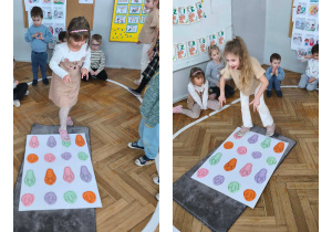 Na zdjęciach widzimy dzieci, które pokonują trasę ze śladami dinozaurów naśladując je.