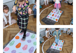 Na zdjęciach widzimy dzieci, które pokonują trasę ze śladami dinozaurów naśladując je.