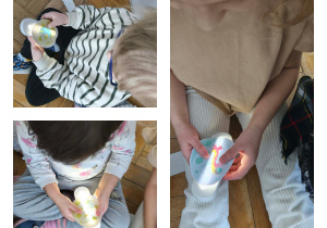 Na zdjęciach widzimy dzieci, które oglądają wnętrza jajek za pomocą lampki.