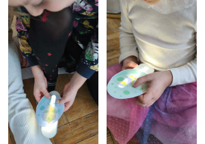 Na zdjęciach widzimy dzieci, które oglądają wnętrza jajek za pomocą lampki.