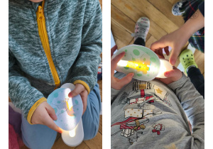 Na zdjęciach widzimy dzieci, które oglądają wnętrza jajek za pomocą lampki.