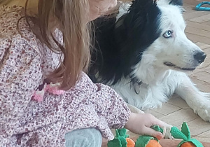 dziewczynka ukrywa chrupki pod marchewki